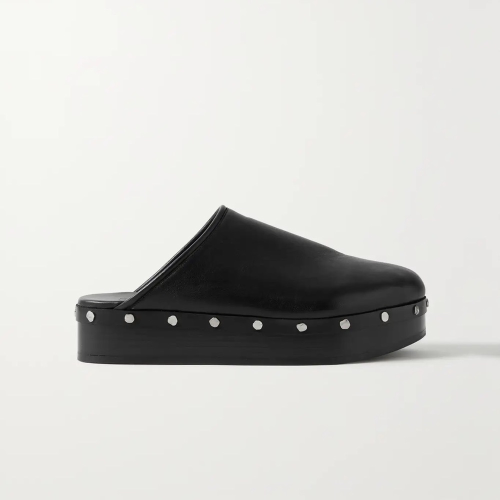 CO Black Leather Studded Clogs